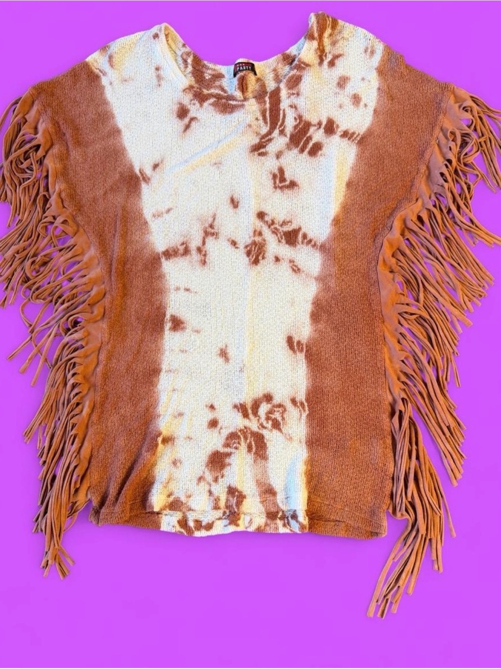 TEA PARTY 
Fringed Tie-Dye Knit Top in Rust & Cream